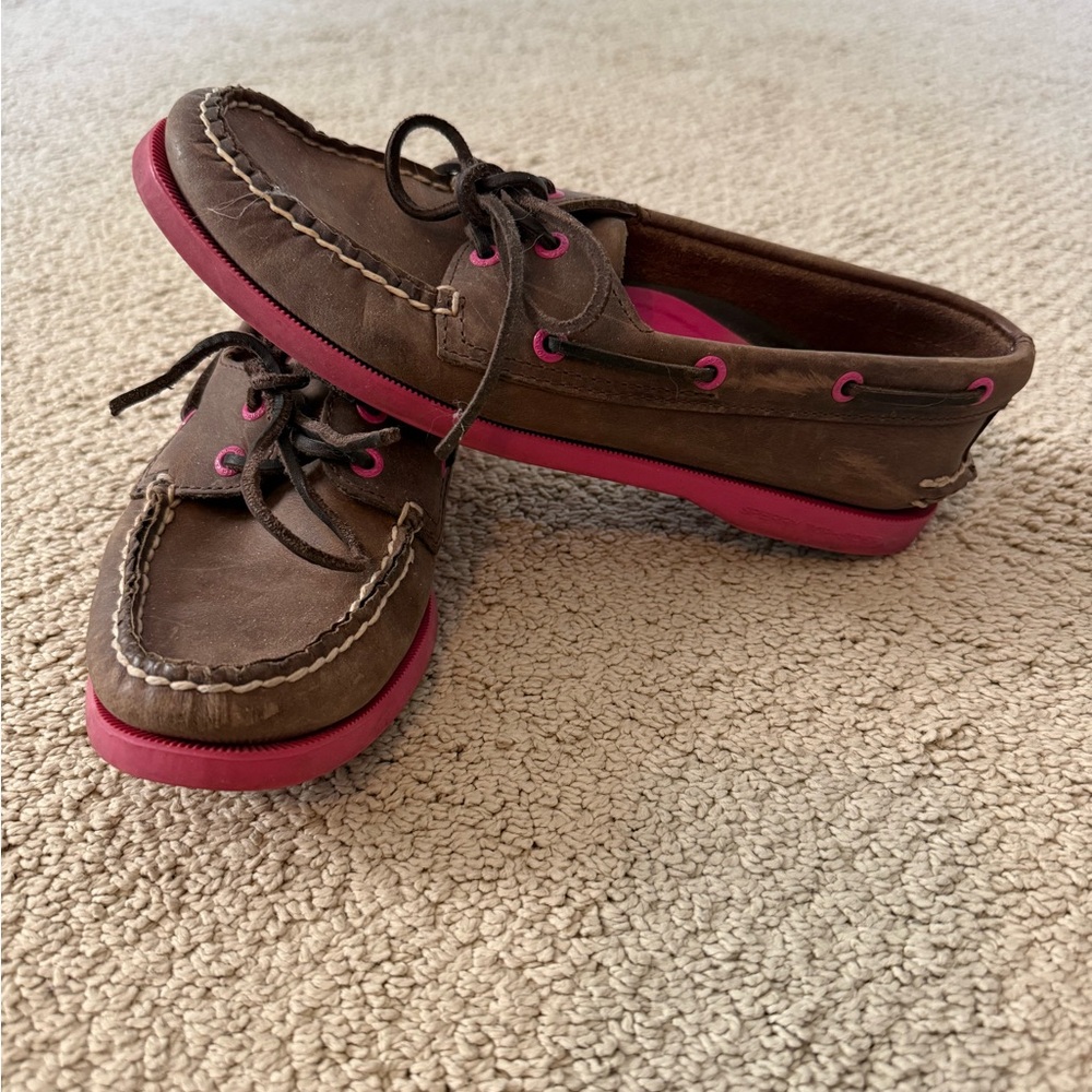 Sperry Brown Leather Boat Shoes with Pink Sole and Accents